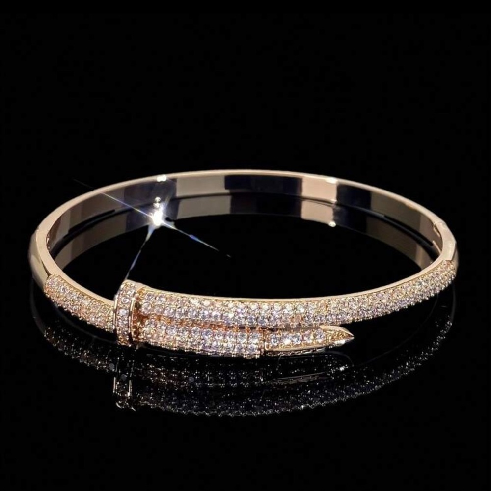 18K Rose Gold Plated Nail Bangle Bracelet with CZ Pave Luxury Statement Jewelry